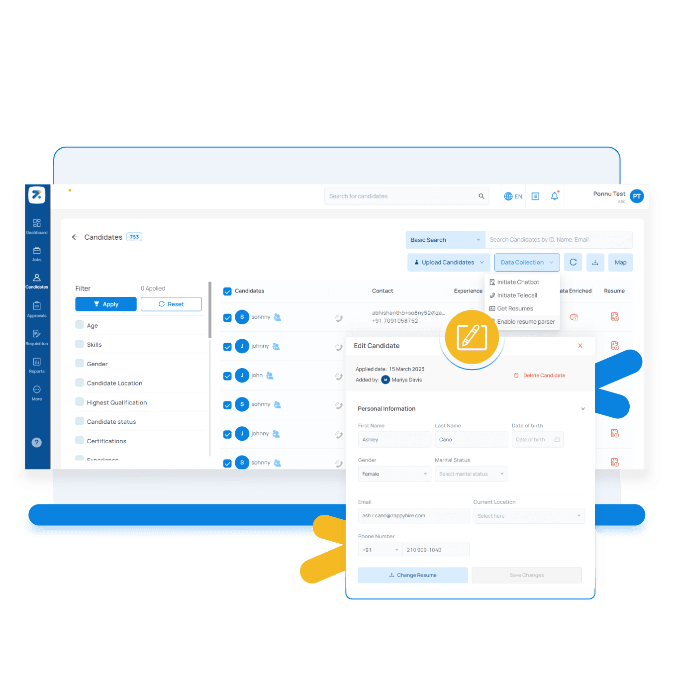 Manage candidate resume on Zappyhire software screenshot